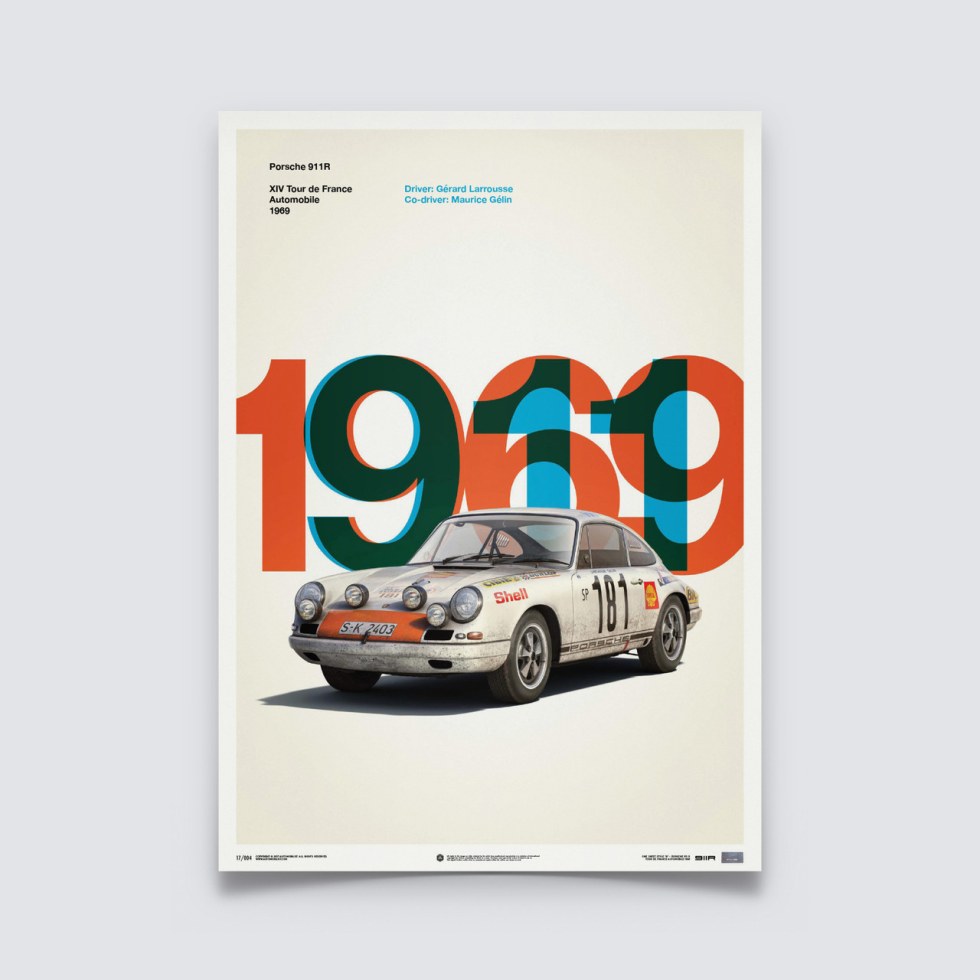 Porsche 911R - White - Tour de France - 1969 - Limited Poster - Další zboží F1 Plakáty