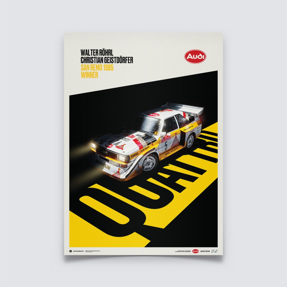 Automobilist Posters | Audi Quattro S1 - Walter Röhrl & Christian Geistdörfer - Shadow - San Remo - 1985 | Limited Edition - Další zboží F1 Plakáty