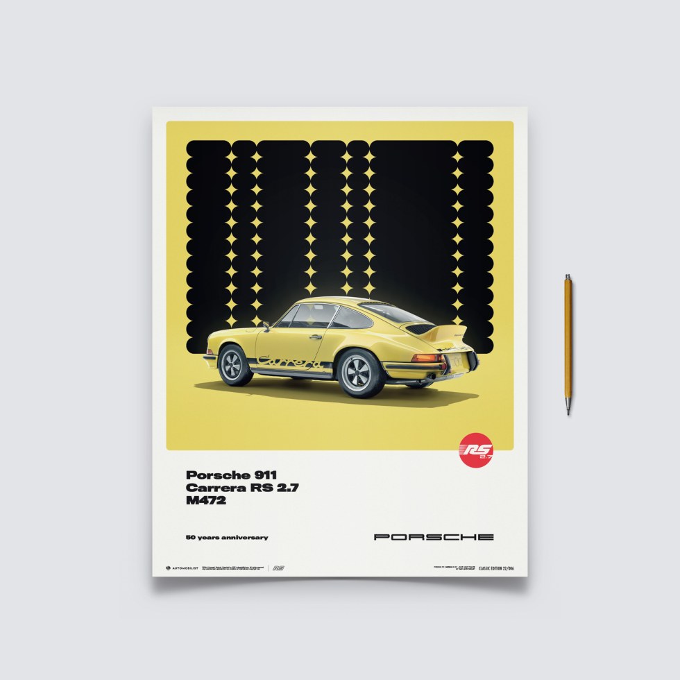Automobilist Posters | Porsche 911 RS - 50th Anniversary - 1973 - Yellow, Classic Edition, 40 x 50 cm - Další zboží F1 Plakáty