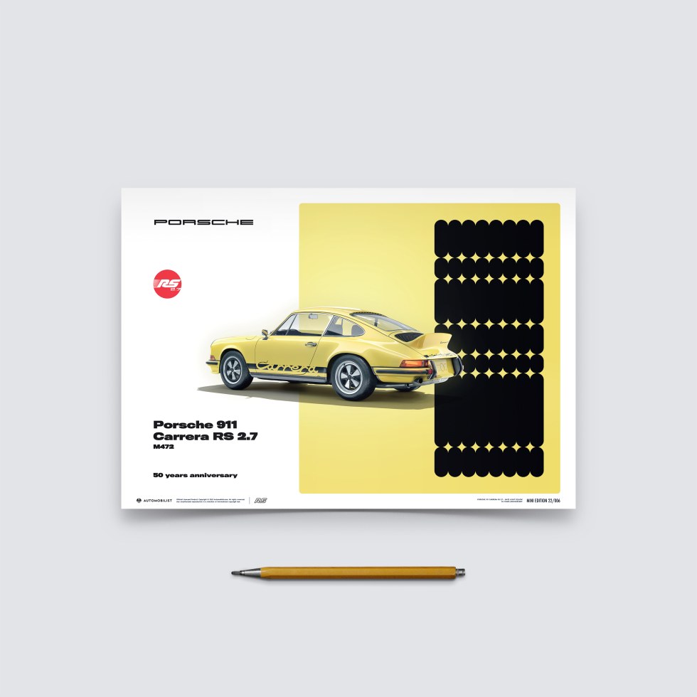 Automobilist Posters | Porsche 911 RS - 50th Anniversary - 1973 - Yellow, Mini Edition, 21 x 30 cm - Další zboží F1 Plakáty