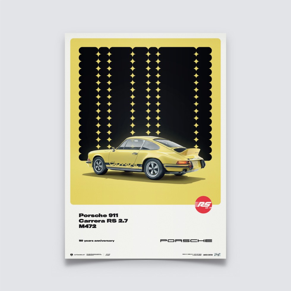 Automobilist Posters | Porsche 911 RS - 50th Anniversary - 1973 - Yellow, Limited Edition of 200, 50 x 70 cm - Další zboží F1 Plakáty