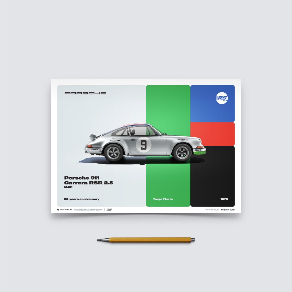 Automobilist Posters | Porsche 911 RSR - 50th Anniversary - Targa Florio - 1973, Mini Edition, 21 x 30 cm - Další zboží F1 Plakáty