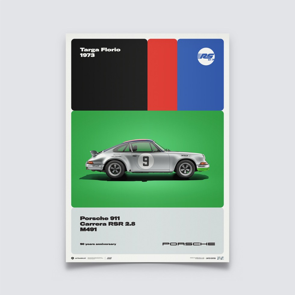 Automobilist Posters | Porsche 911 RSR - 50th Anniversary - Targa Florio - 1973, Limited Edition of 200, 50 x 70 cm - Další zboží F1 Plakáty