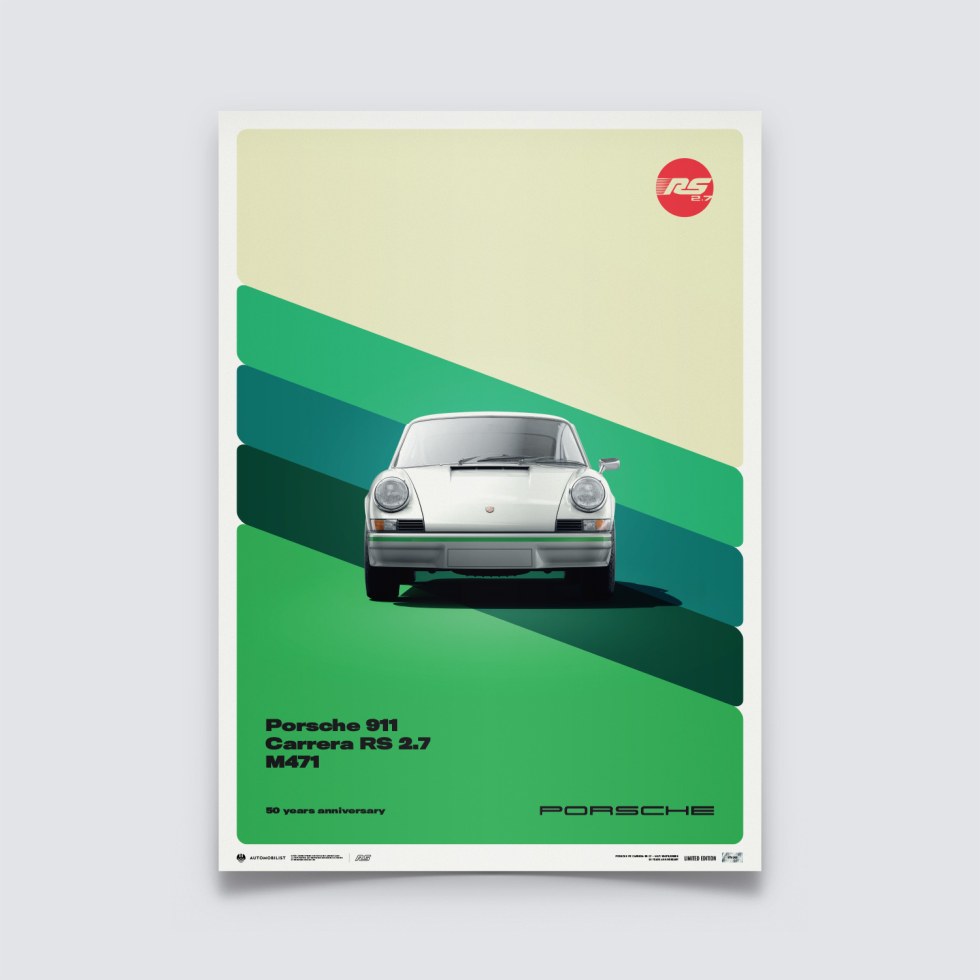Automobilist Posters | Porsche 911 RS - 50th Anniversary - 1973 - White, Limited Edition of 200, 50 x 70 cm - Další zboží F1 Plakáty