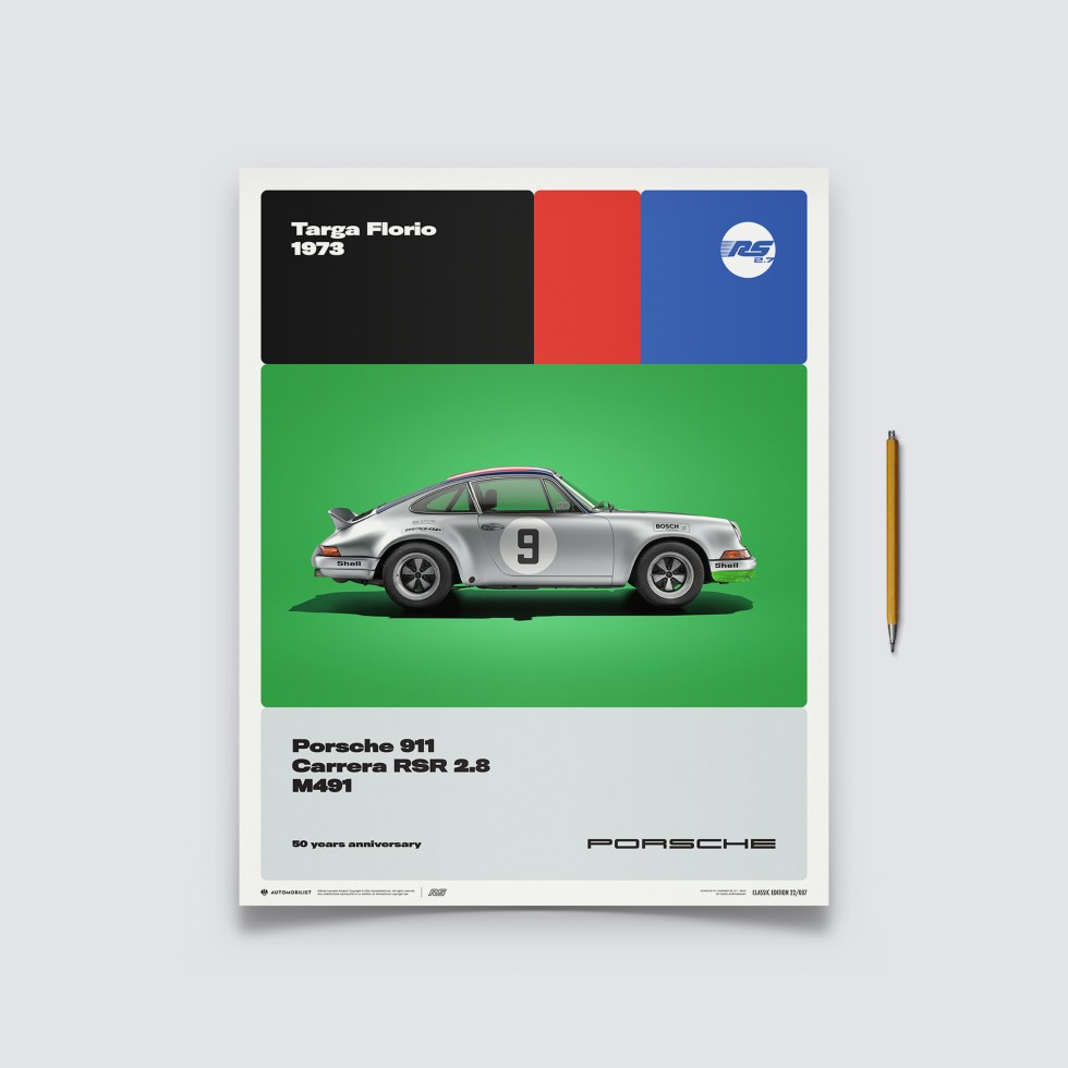 Automobilist Posters | Porsche 911 RSR - 50th Anniversary - Targa Florio - 1973, Classic Edition, 40 x 50 cm - Další zboží F1 Plakáty