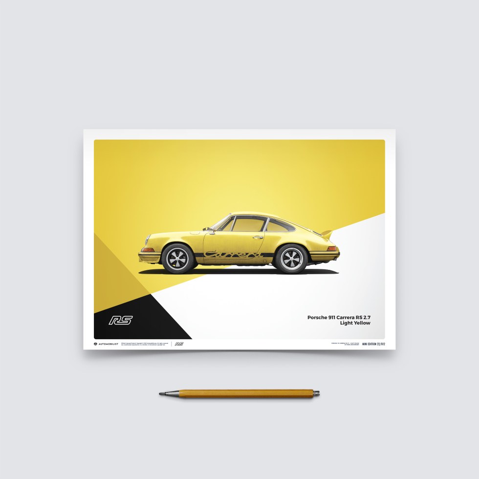 Automobilist Posters | Porsche 911 RS - 1973 - Yellow, Mini Edition, 21 x 30 cm - Další zboží F1 Plakáty