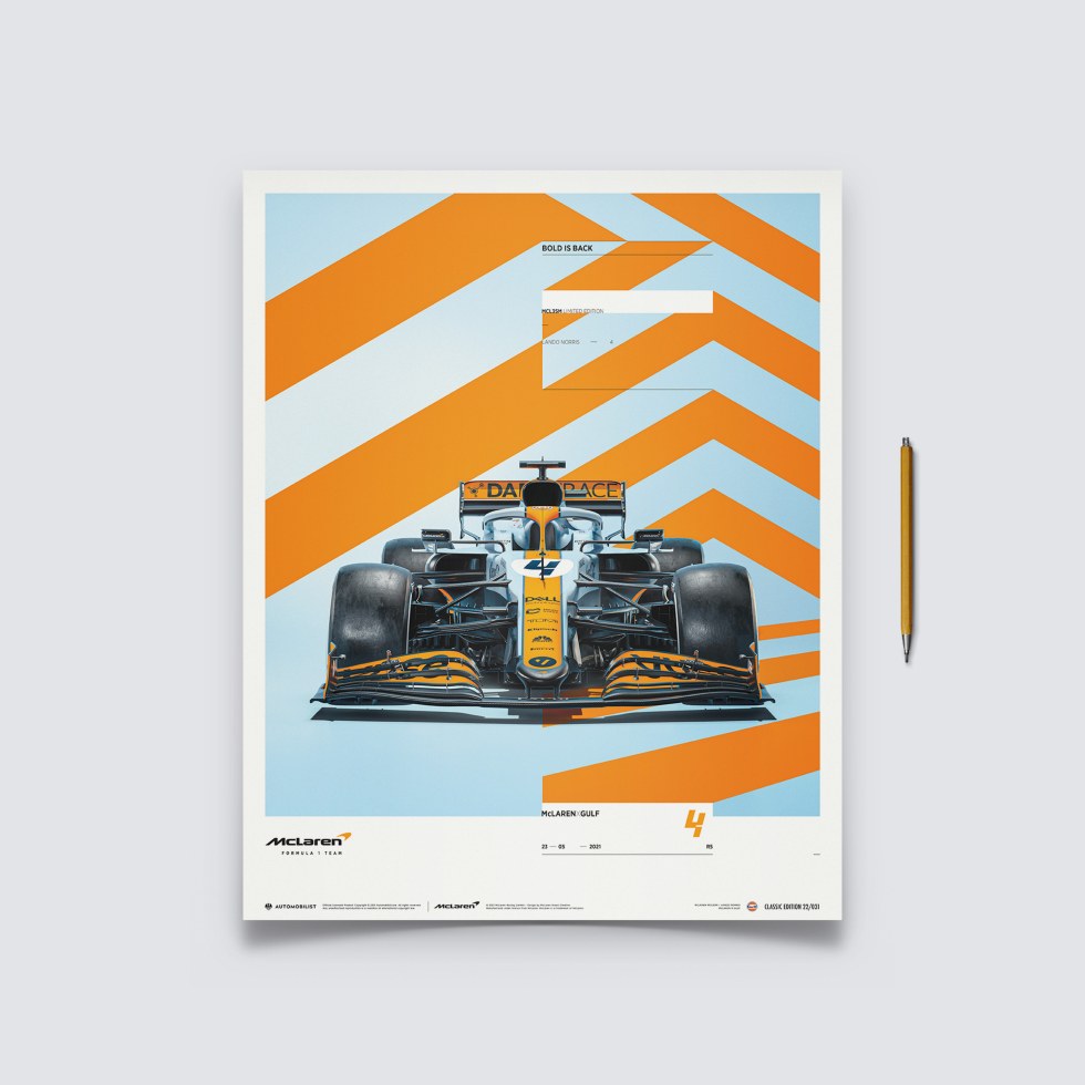 Automobilist Posters | McLaren x Gulf - Lando Norris - 2021, Classic Edition, 40 x 50 cm - Další zboží F1 Plakáty