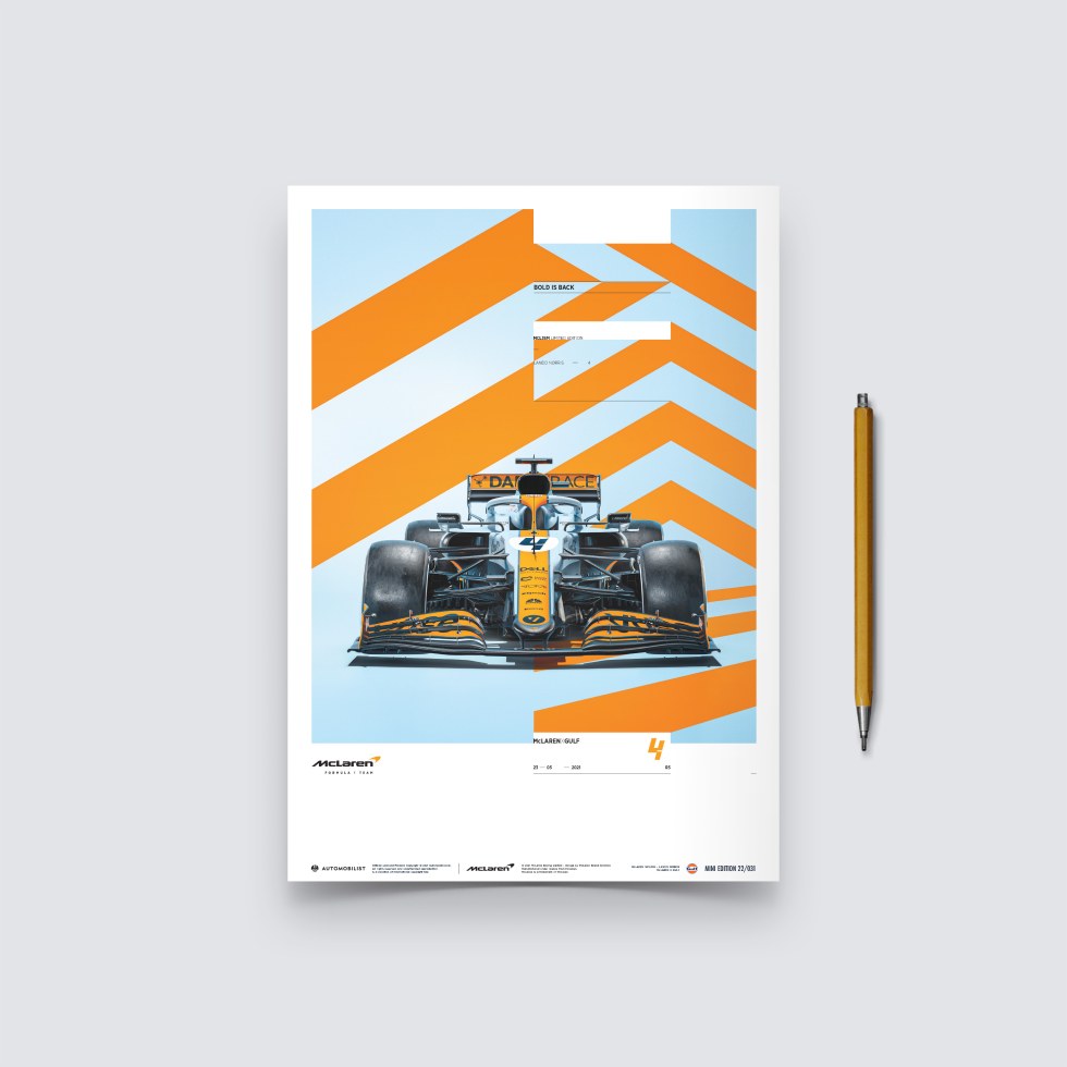 Automobilist Posters | McLaren x Gulf - Lando Norris - 2021, Mini Edition, 21 x 30 cm - Další zboží F1 Plakáty