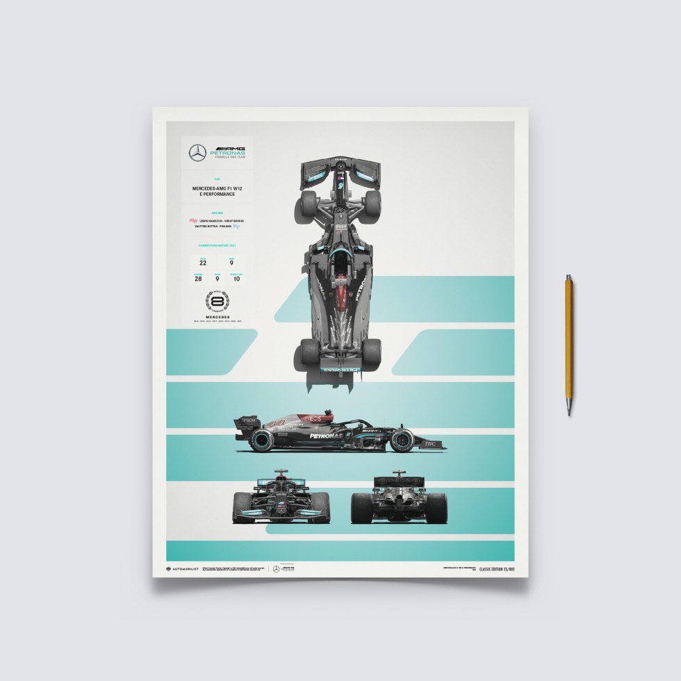 Automobilist Posters | Mercedes-AMG Petronas F1 Team - F1 W12 E Performance - Blueprint - 2021, Classic Edition, 40 x 50 cm