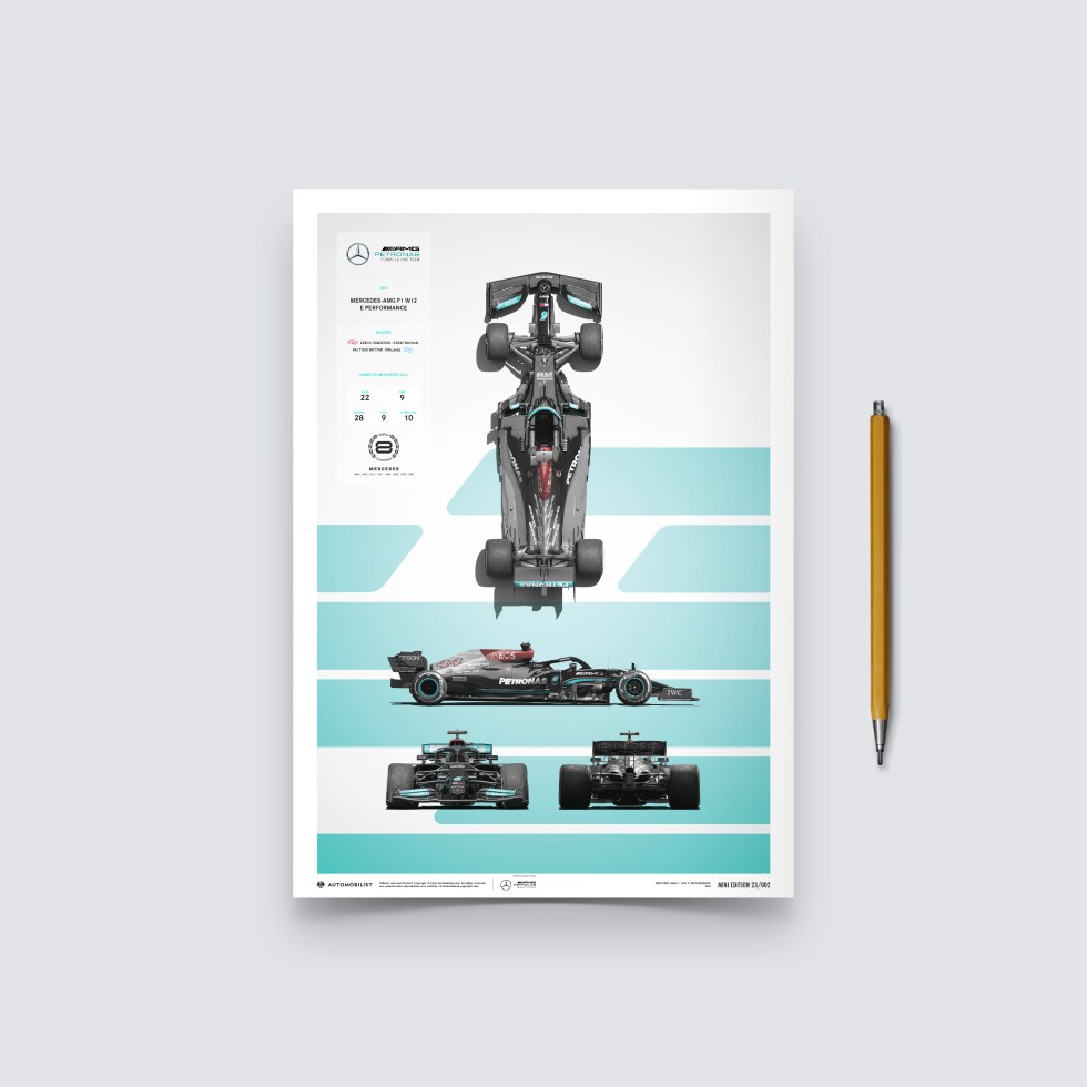 Automobilist Posters | Mercedes-AMG Petronas F1 Team - F1 W12 E Performance - Blueprint - 2021, Mini Edition, 21 x 30 cm - Další zboží F1 Plakáty