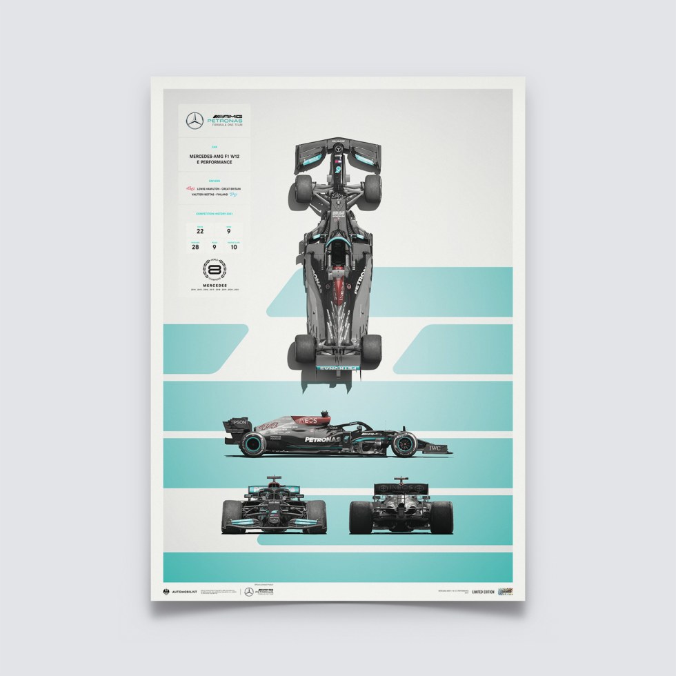 Automobilist Posters | Mercedes-AMG Petronas F1 Team - F1 W12 E Performance - Blueprint - 2021, Limited Edition of 200, 50 x 70 cm - Další zboží F1 Plakáty