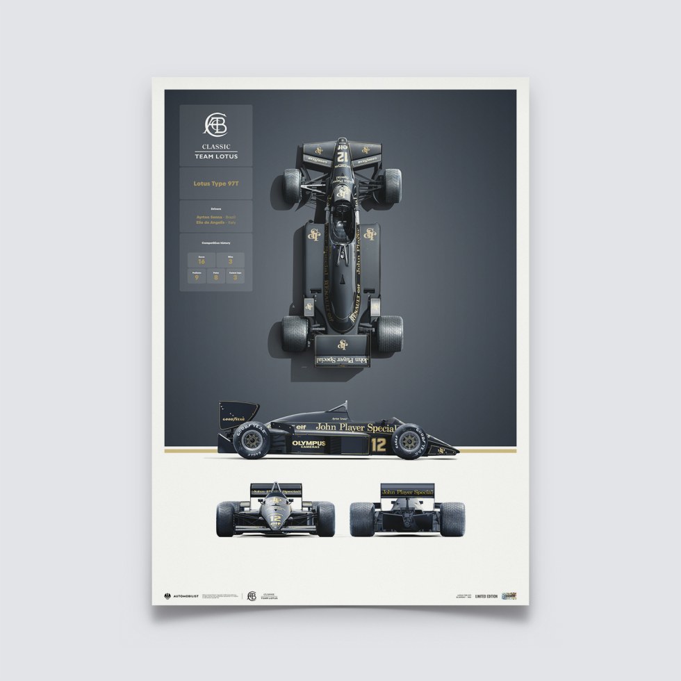 Automobilist Posters | Team Lotus - Type 97T - Blueprint - 1985, Limited Edition of 200, 50 x 70 cm - Další zboží F1 Plakáty