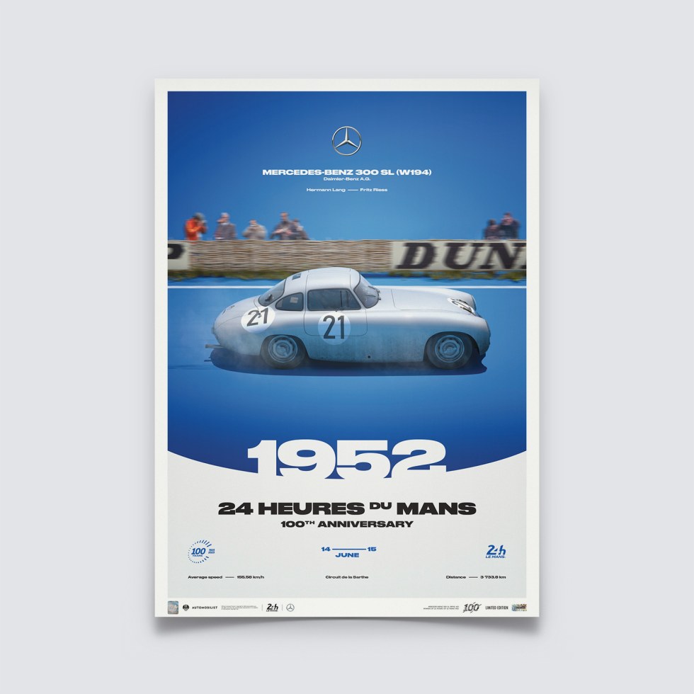 Automobilist Posters | Mercedes-Benz 300 SL (W194) - 24h Le Mans - 100th Anniversary - 1952, Limited Edition of 200, 50 x 70 cm - Další zboží F1 Plakáty