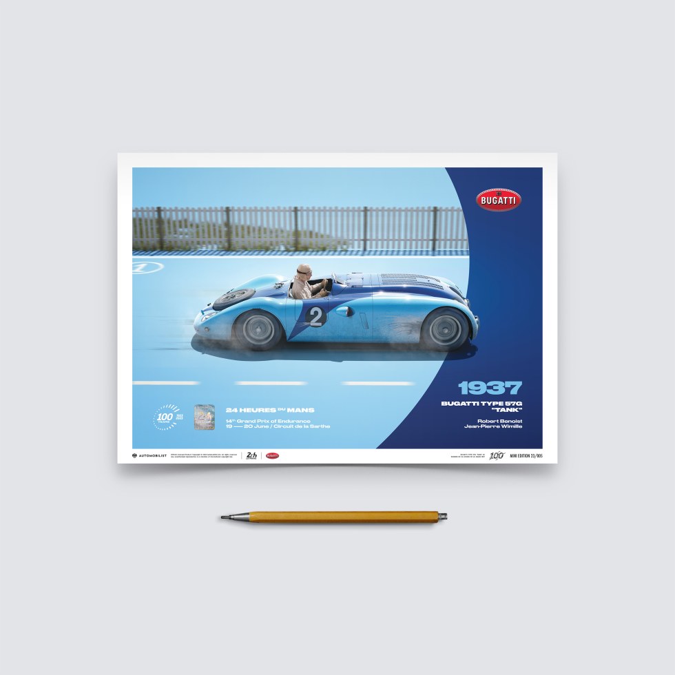 Automobilist Posters | Bugatti Type 57G "Tank" - 24h Le Mans - 100th Anniversary - 1937, Mini Edition, 21 x 30 cm - Další zboží F1 Plakáty