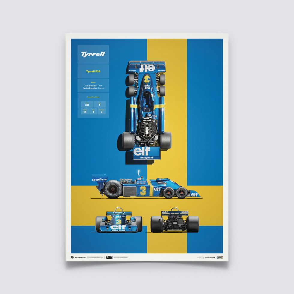 Automobilist Posters | Tyrrell - P34 - Blueprint - 1976, Limited Edition of 200, 50 x 70 cm - Další zboží F1 Plakáty