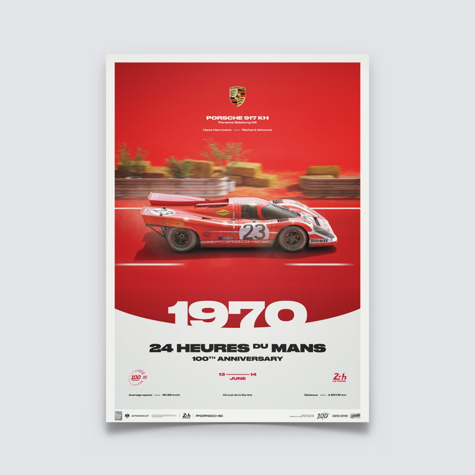 Automobilist Posters | Porsche 917 KH - 24h Le Mans - 100th Anniversary - 1970, Limited Edition of 200, 50 x 70 cm - Další zboží F1 Plakáty