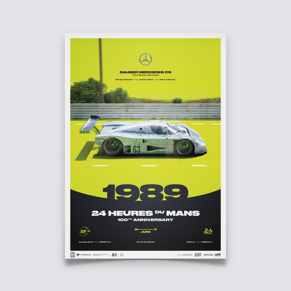 Automobilist Posters | Sauber Mercedes C9 - 24h Le Mans - 100th Anniversary - 1989, Limited Edition of 200, 50 x 70 cm - Další zboží F1 Plakáty