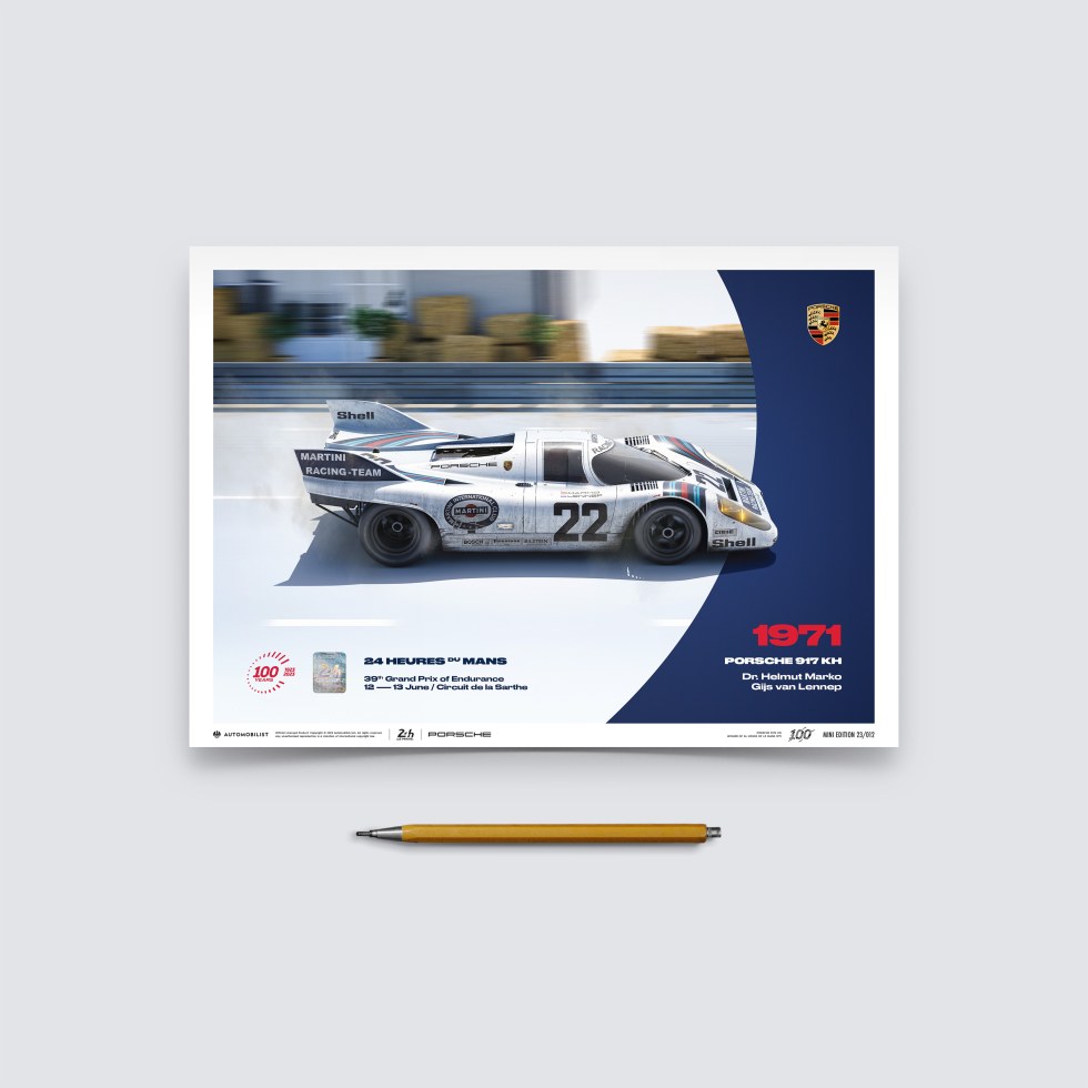 Automobilist Posters | Porsche 917 KH - 24h Le Mans - 100th Anniversary - 1971, Mini Edition, 21 x 30 cm - Další zboží F1 Plakáty