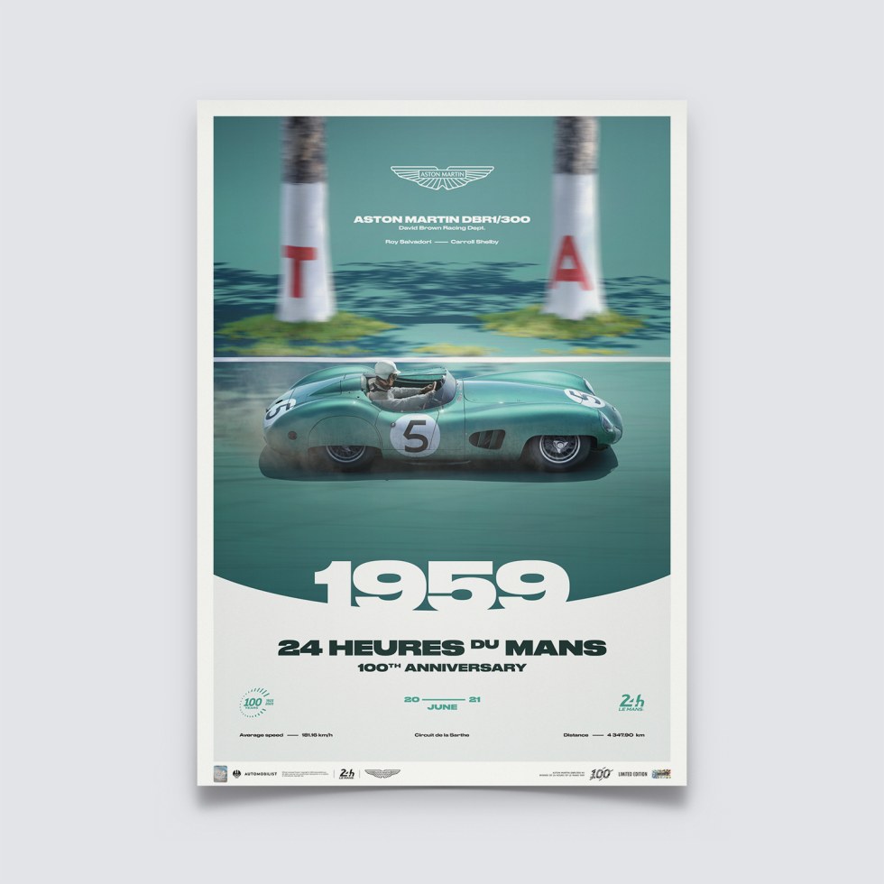 Automobilist Posters | Aston Martin DBR1/300 - 24h Le Mans - 100th Anniversary - 1959, Limited Edition of 200, 50 x 70 cm - Další zboží F1 Plakáty