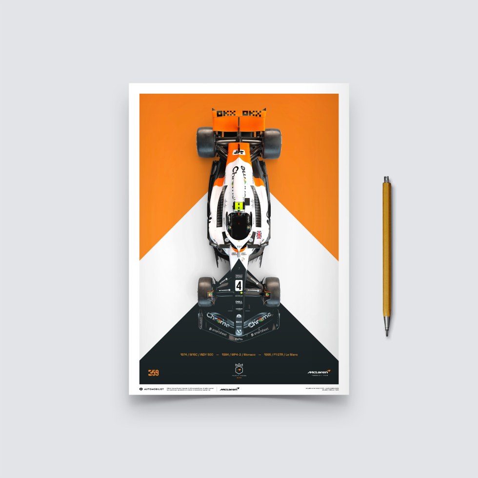 Automobilist Posters | McLaren Formula 1 Team - Lando Norris - The Triple Crown Livery - 60th Anniversary - 2023, Small, 21 x 30 cm - Další zboží F1 Plakáty