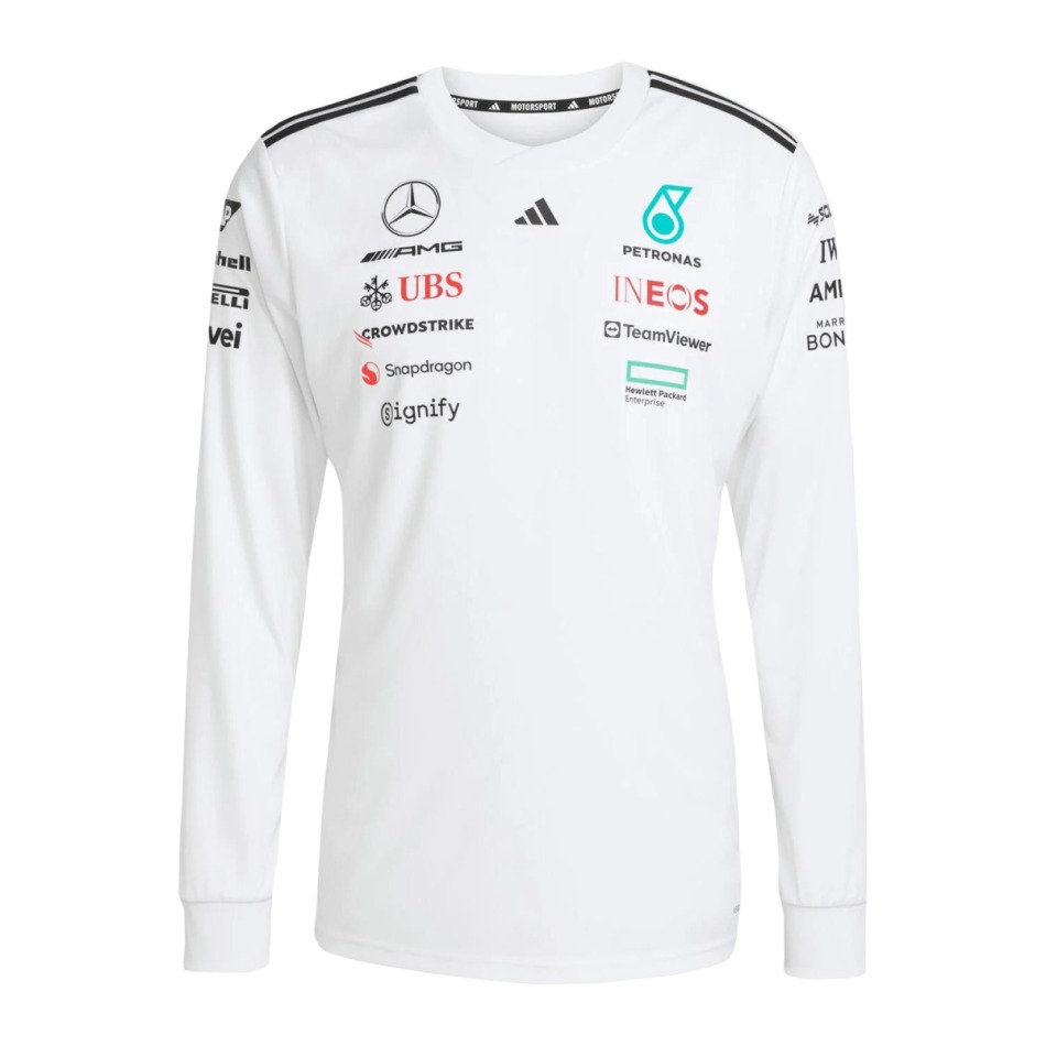 Mercedes AMG Petronas pánské tričko s&nbsp;dlouhým rukávem white official Teamline Replica F1 Team 2025 - Mercedes trička, polo trička, košile AMG
