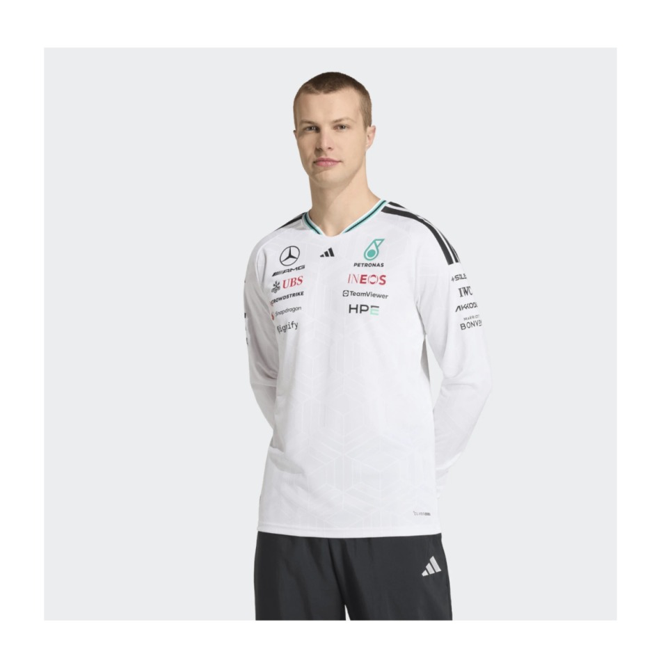 Mercedes AMG Petronas pánské tričko s&nbsp;dlouhým rukávem white official Teamline Replica F1 Team 2026 - Mercedes trička, polo trička, košile AMG