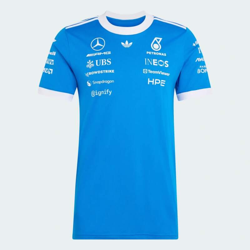 Tričko Adidas - Mercedes AMG Petronas F1 modré s&nbsp;logy sponzorů - edice SILVERSTONE 2026 - Mercedes trička, polo trička, košile AMG