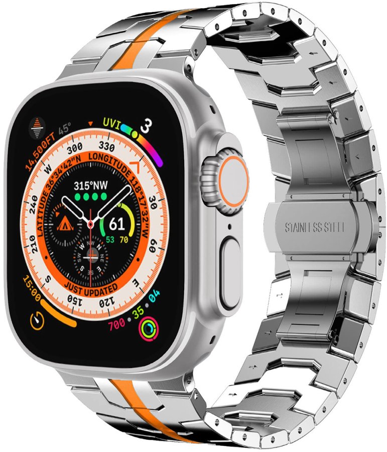 4wrist Ocelový tah Iron Man pro Apple Watch 42/44/45/49 mm - Silver/Orange - Hodinky 4wrist