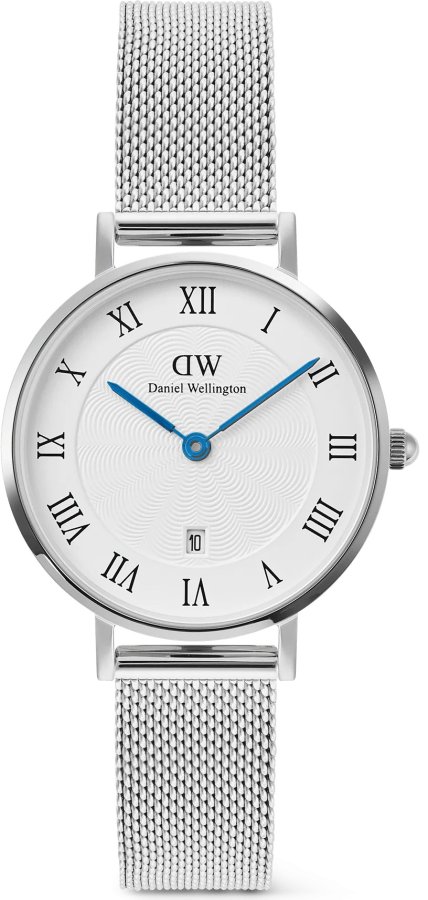 Daniel Wellington Petite 28 Roman Numerals Date Sterling White Silver DW00100858 - Hodinky Daniel Wellington