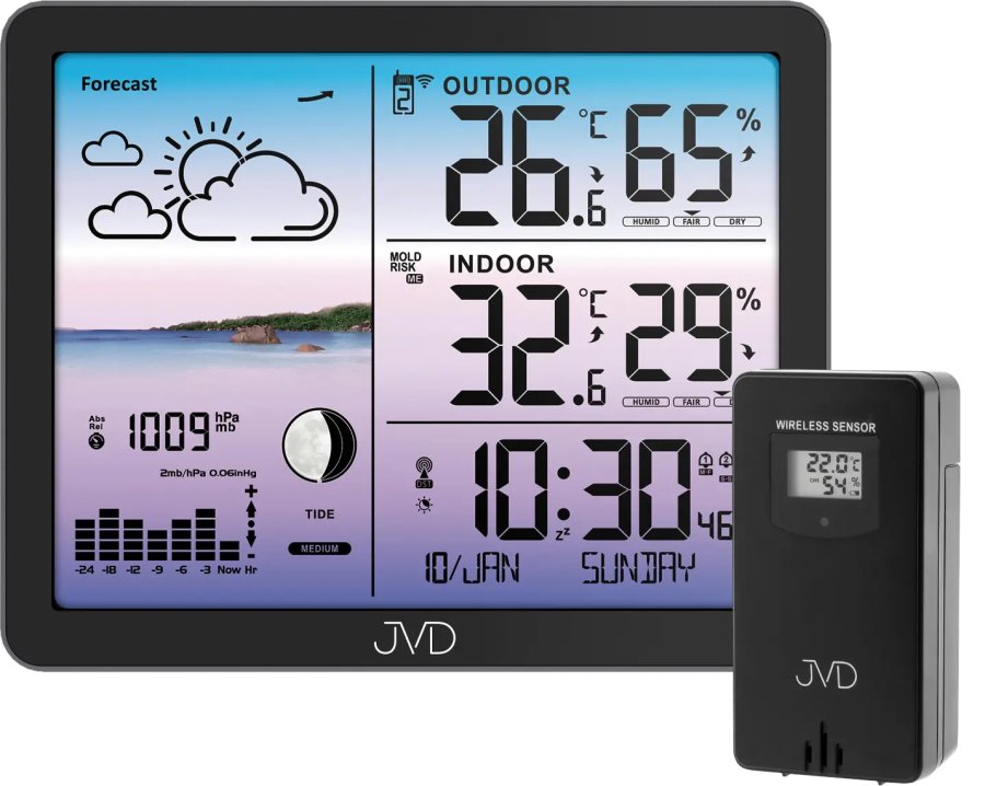 JVD Rádiem řízená meteorologická stanice RB3566.1 JVD Rádiem řízená meteorologická stanice RB3566.1 - Hodinky JVD
