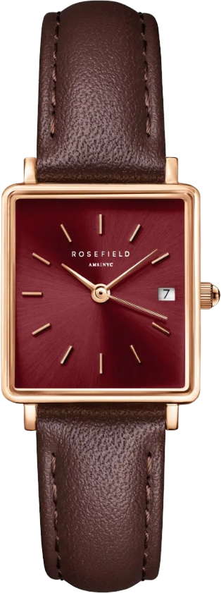 Rosefield Boxy XS Burgundy Sunray Dark Brown Leather Rose Gold QBBLR-Q56 - Hodinky Rosefield