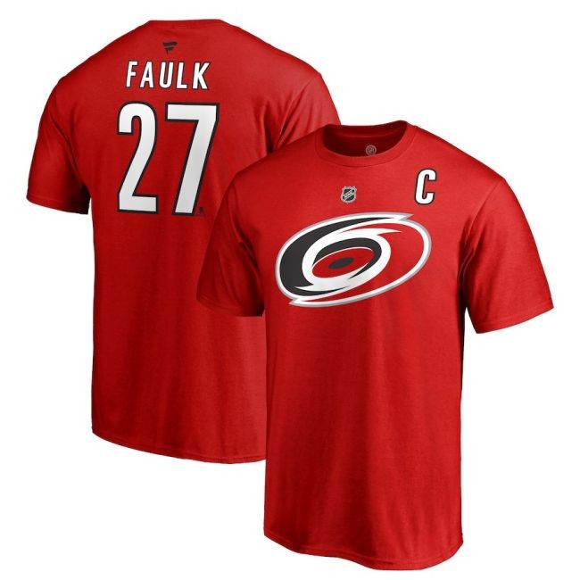 Tričko 27 Justin Faulk Stack Logo Name & Number Hurricanes - Carolina Hurricanes Trička
