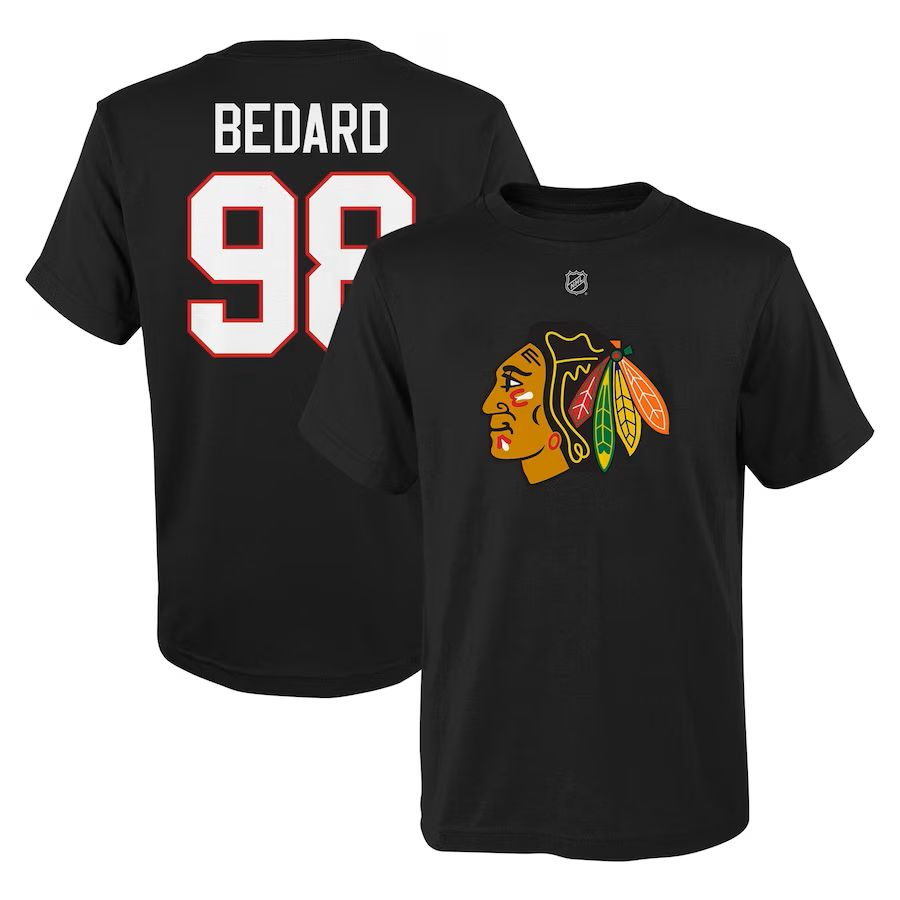 Chicago Blackhawks dětské tričko Connor Bedard #98 Player Name & Number Black - Chicago Blackhawks dětské oblečení