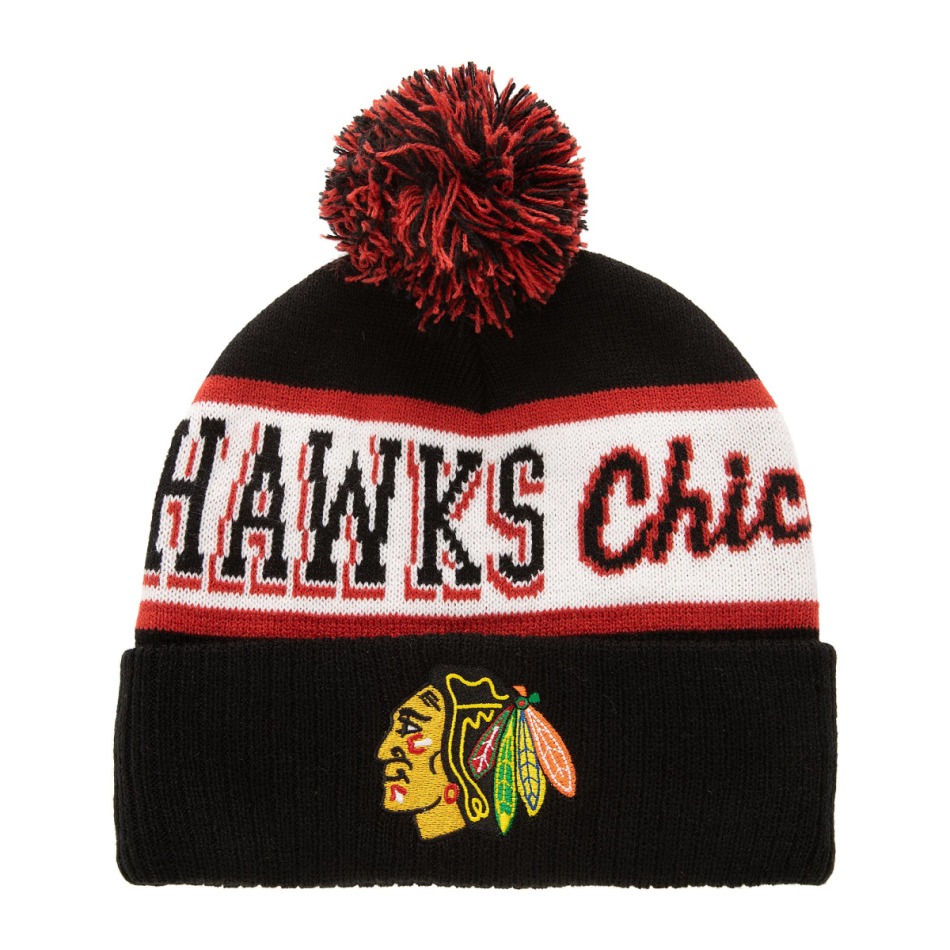 Chicago Blackhawks zimní čepice Block Sweep Pom Knit - Chicago Blackhawks kšiltovky, čepice, rukavice