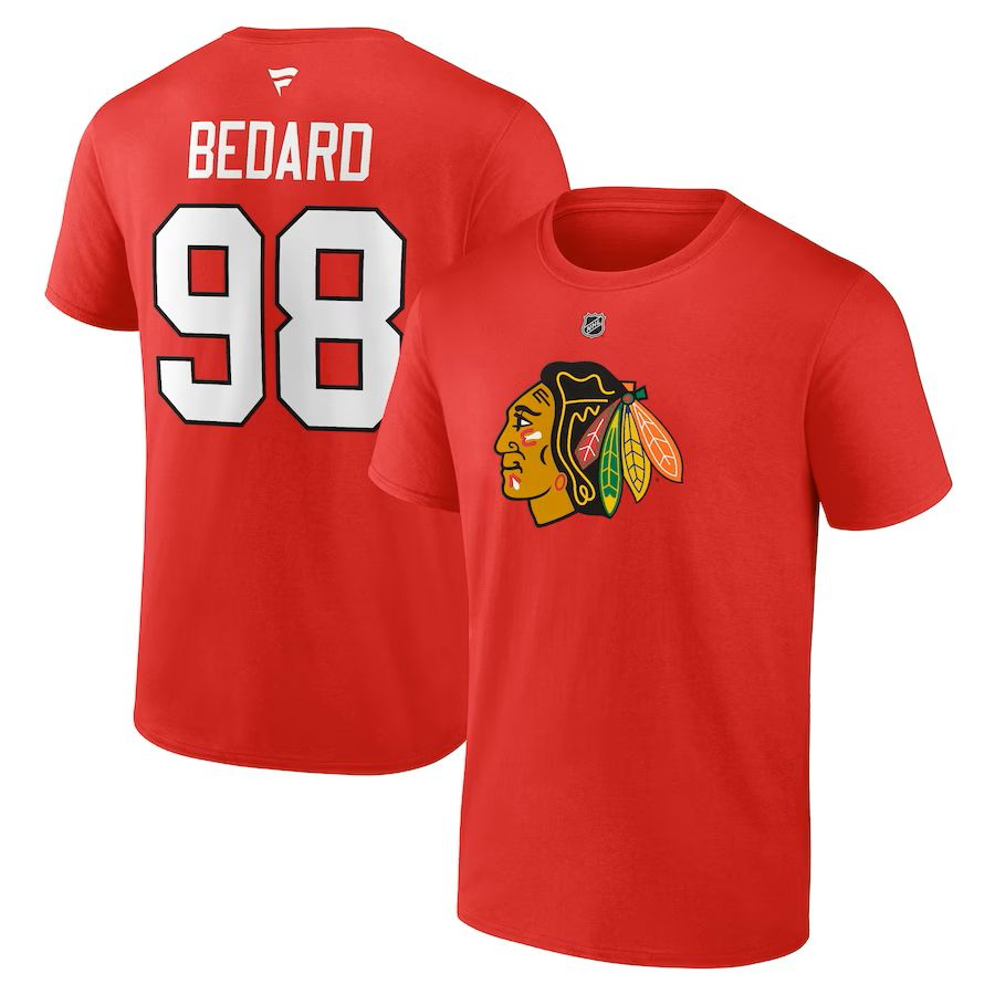 Chicago Blackhawks pánské tričko Connor Bedard #98 Draft 2023 Stack Logo Name & Number Red - Chicago Blackhawks trička, polo trička, košile