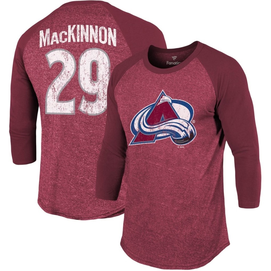 Pánské tričko Nathan MacKinnon #29 Colorado Avalanche NHL Name & Number Tri-Blend Raglan 3/4-Sleeve T-Shirt - Burgundy