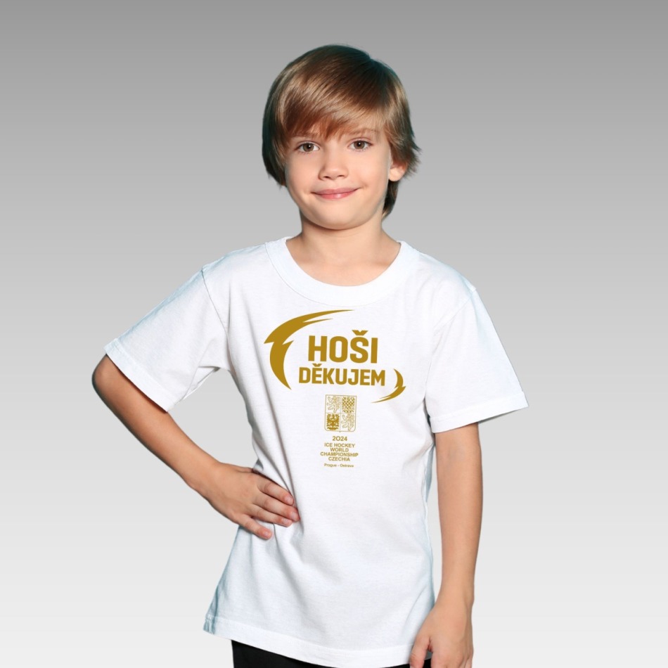Hokejové reprezentace dětské tričko HOŠI DĚKUJEM Ice Hockey World Championship Czechia MS 2024 GOLD EDITION White - Hokejové reprezentace dětské oblečení