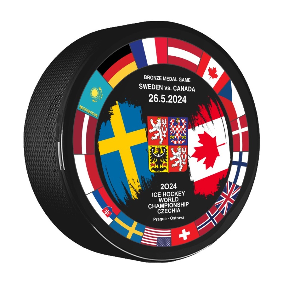 Hokejové reprezentace puk Ice Hockey World Championship Czechia MS 2024 Dueling 26.5.2024 Sweden vs. Canada - Hokejové reprezentace hokejové vybavení