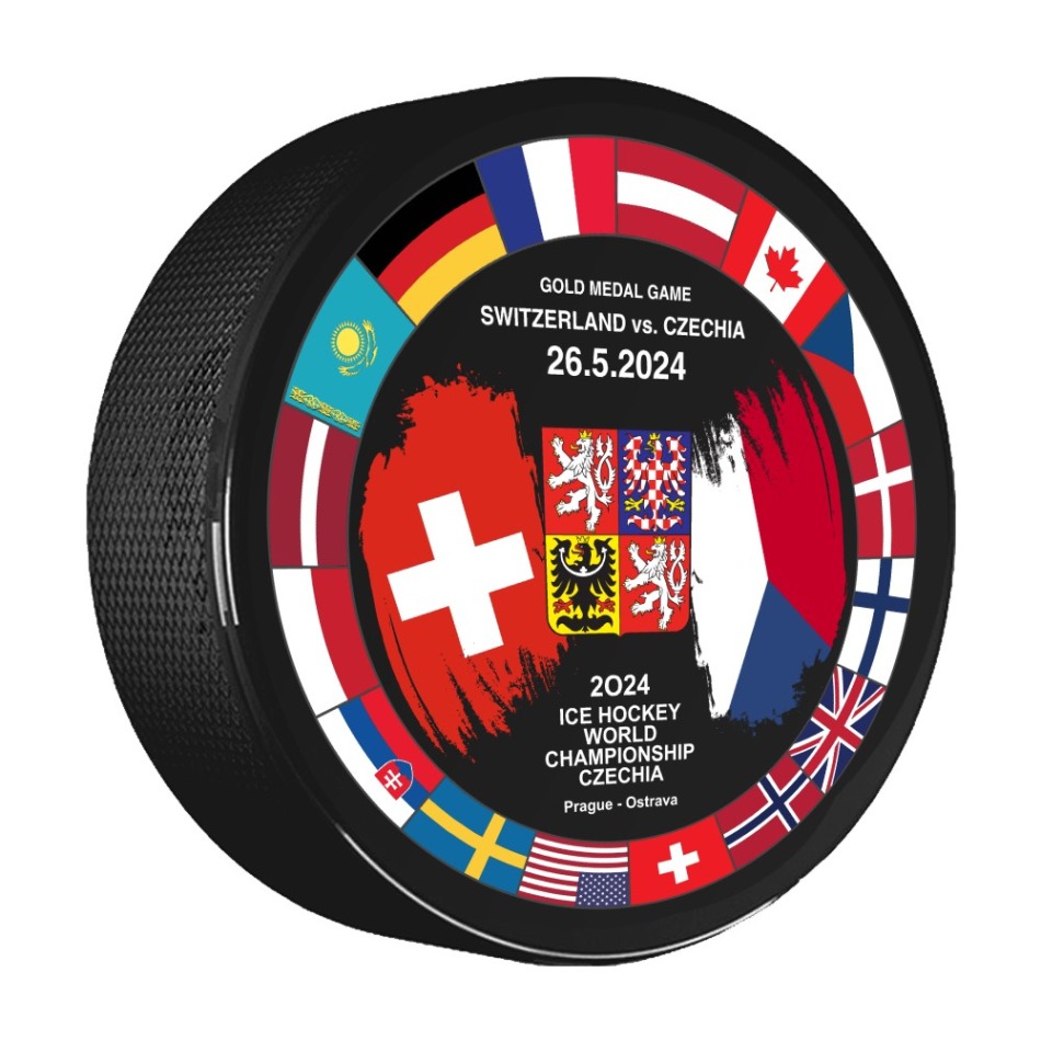 Hokejové reprezentace puk Ice Hockey World Championship Czechia MS 2024 Dueling 26.5.2024 Switzerland vs. Czechia Signature edition - Hokejové reprezentace hokejové vybavení