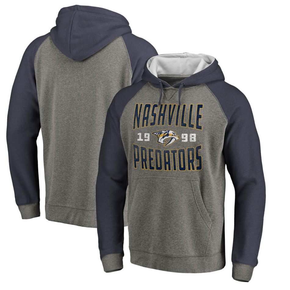 Nashville Predators pánská mikina s&nbsp;kapucí grey Timeless Collection Antique Stack Tri-Blend Raglan - Nashville Predators mikiny, bundy, kalhoty
