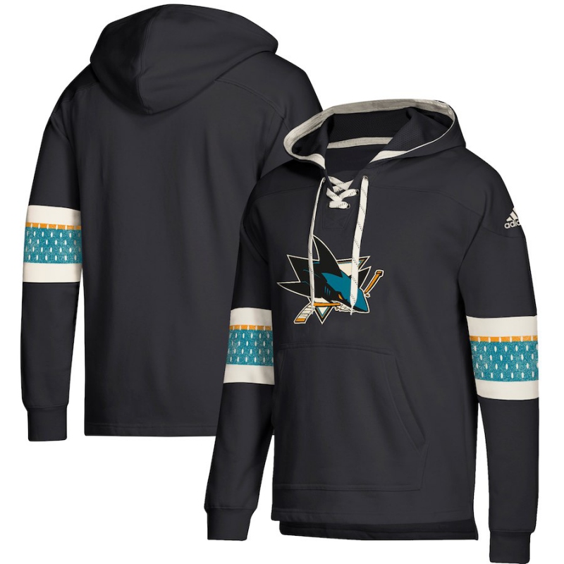San Jose Sharks pánská mikina s&nbsp;kapucí black Adidas Jersey Lace-Up Pullover Hoodie - San Jose Sharks mikiny, bundy, kalhoty