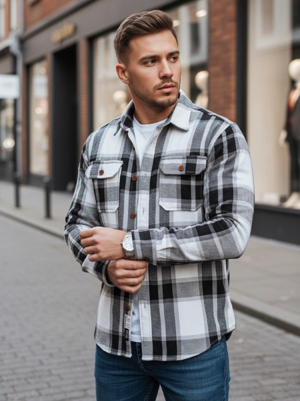 Pánská kostkovaná flanelová košile DX2673 černobílá - FashionStreet - Pánské oblečení Muži košile