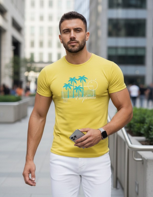Pánské tričko s potiskem classic NX5020R žluté - FashionStreet