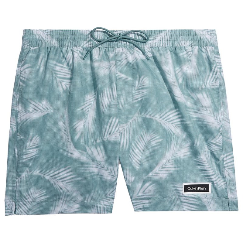 Pánské plavecké šortky se stahovací šňůrkou KM0KM00813 0H8 zelená-vzor - Calvin Klein - Pánské oblečení plavky