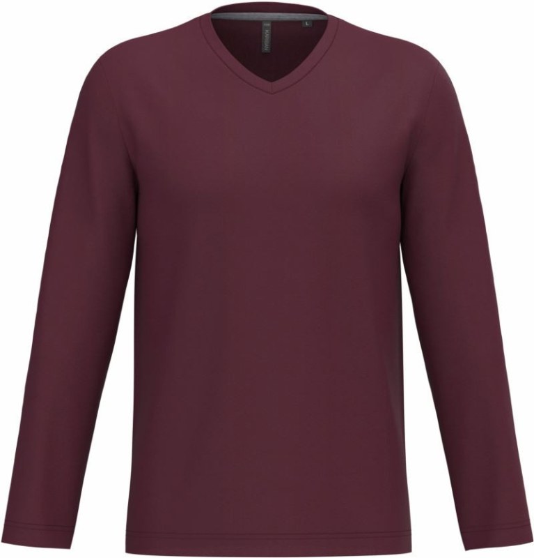 Kariban K 358 Pánské tričko do V s&nbsp;dl. rukávem 20.K358 wine - Pánské oblečení trička
