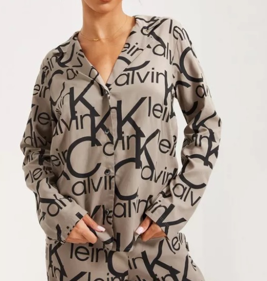 Dámský vrchní díl pyžama QS6848E 5VM béžová/černá - Calvin Klein - Dámská pyžama
