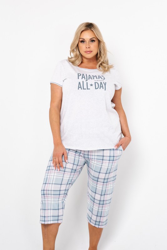 Glamour dámské pyžamo s krátkým rukávem, 3/4 kalhoty - světlá melanž/potisk - Dámská pyžama