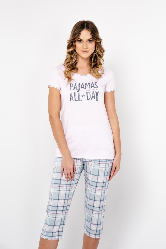 Glamour dámské pyžamo, krátký rukáv, 3/4 nohavice - světle růžová/potisk - Dámská pyžama
