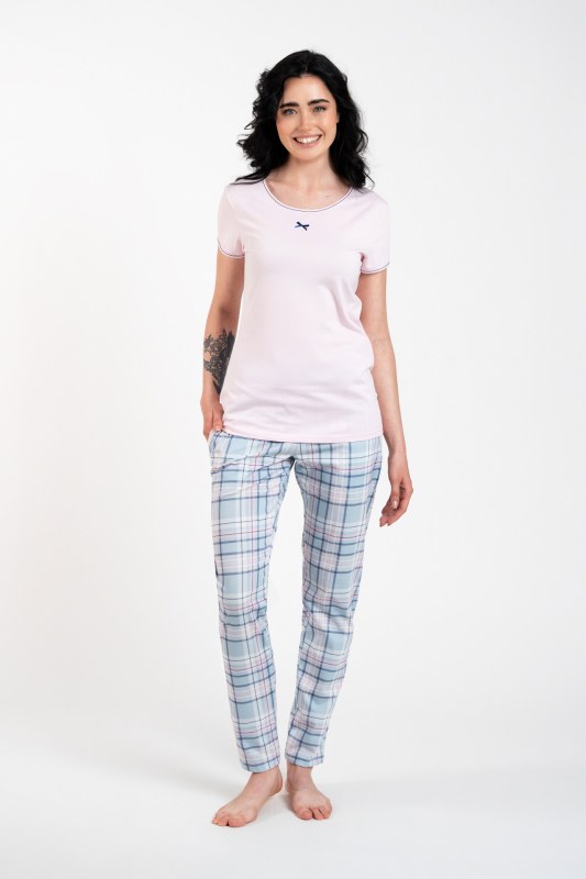 Glamour dámské pyžamo, krátký rukáv, dlouhé nohavice - růžová/potisk - Dámská pyžama