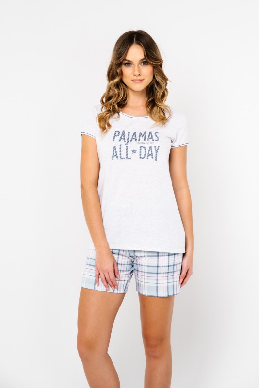 Glamour dámské pyžamo, krátký rukáv, krátké kalhoty - světlá melanž/potisk